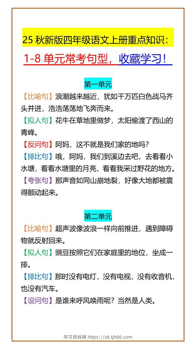 【2025秋新版】四年级语文上册重点知识：1-8单元常考句型，收藏学习！-学习资料站