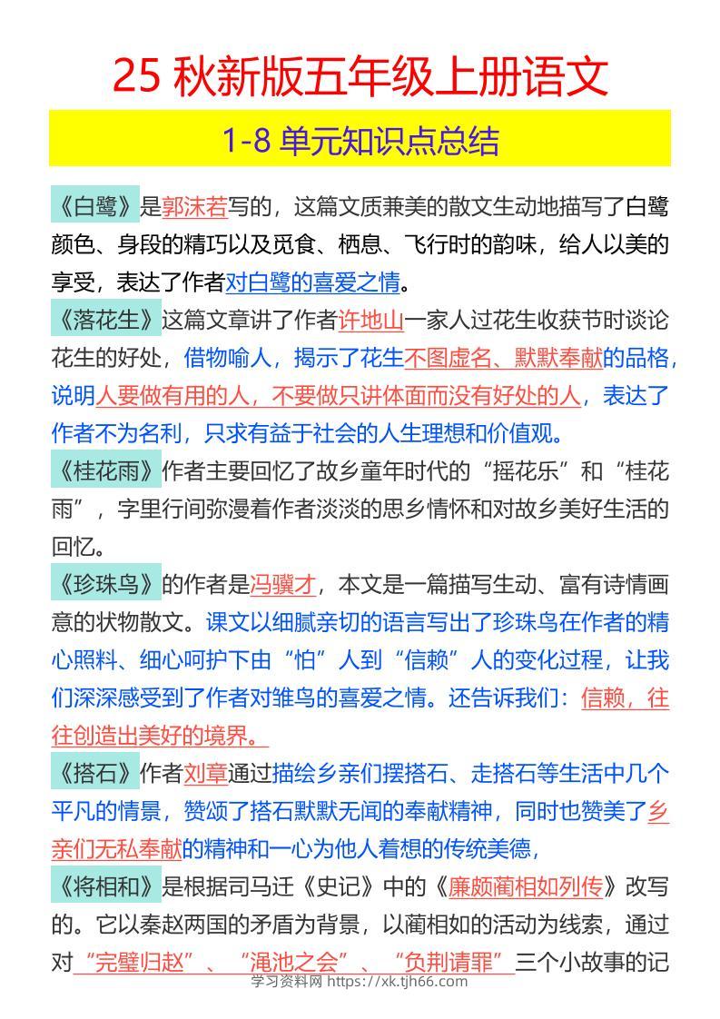 【2025秋新版】五年级上册语文1-8单元知识点总结-学习资料站