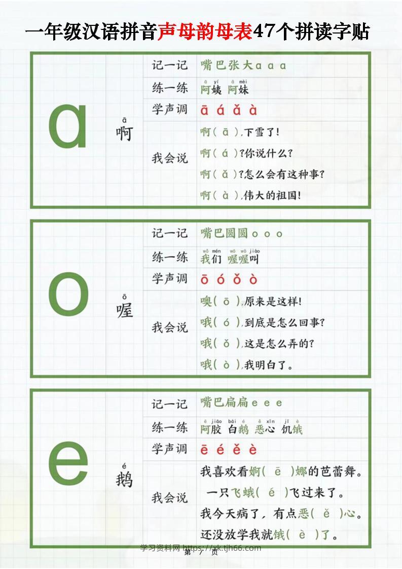 一年级汉语拼音声母韵母表47个拼读字贴（16页）-一上语文-学习资料站