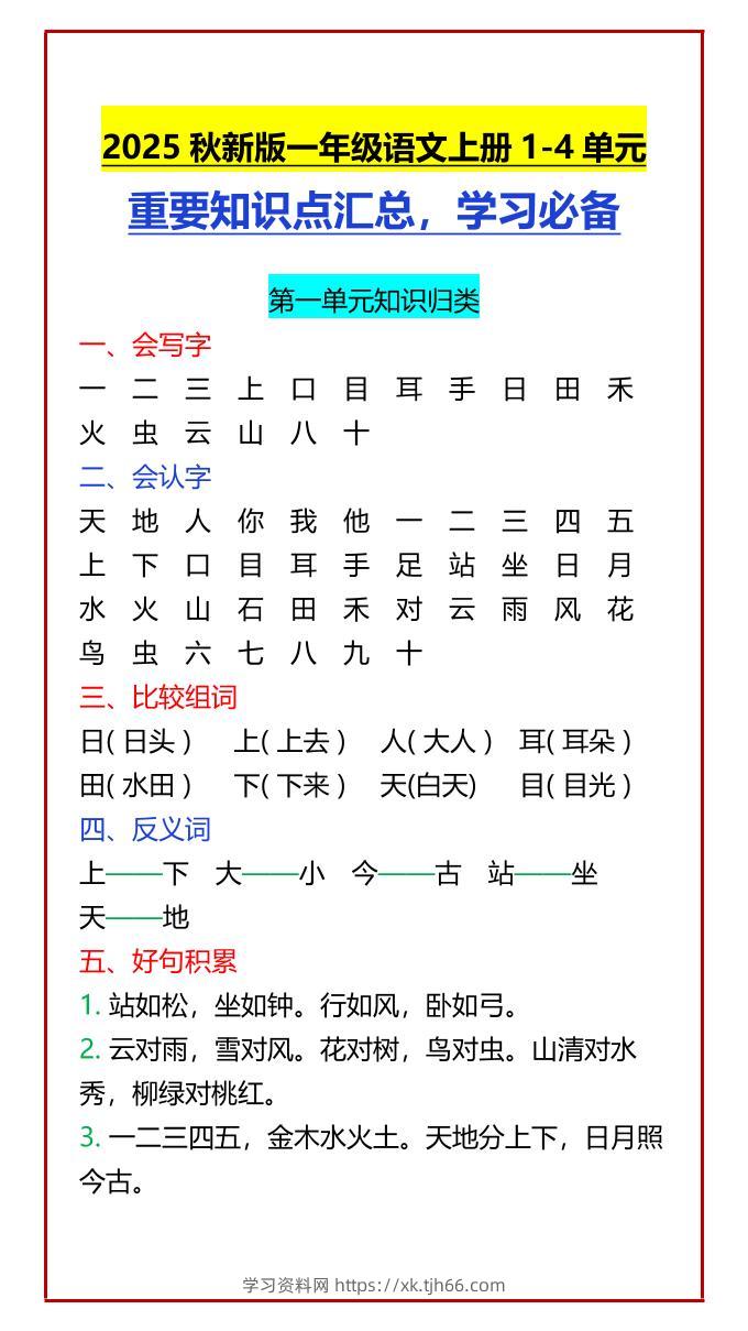 【2025秋新版】一年级语文上册1-4单元重要知识点汇总，学习必备-学习资料站