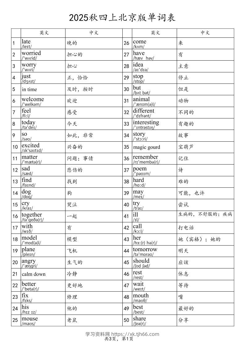 2025秋四上英语北京版单词表-学习资料站