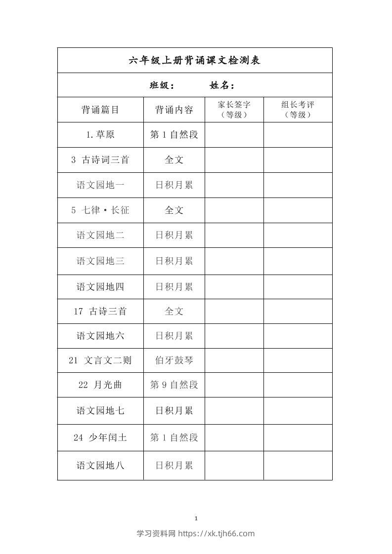 六年级上册背诵课文检测表及内容-语文-学习资料站