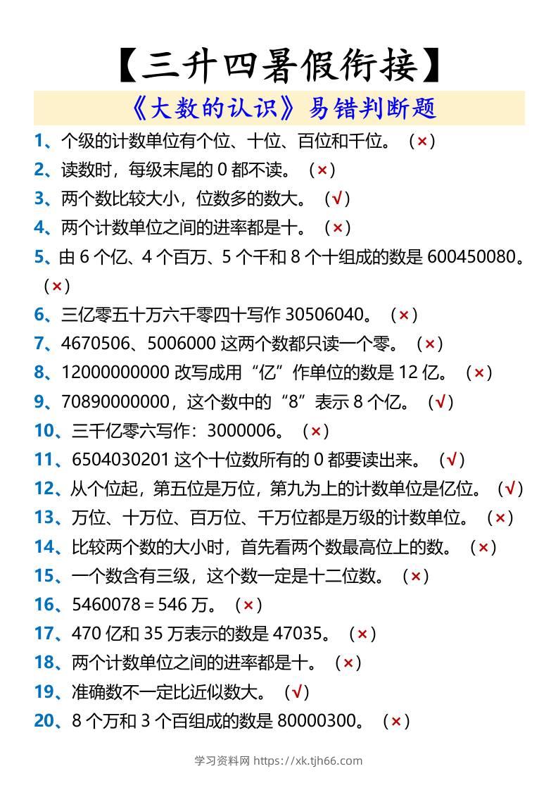 【三升四暑假衔接】《大数的认识》易错判断题-四上数学-学习资料站
