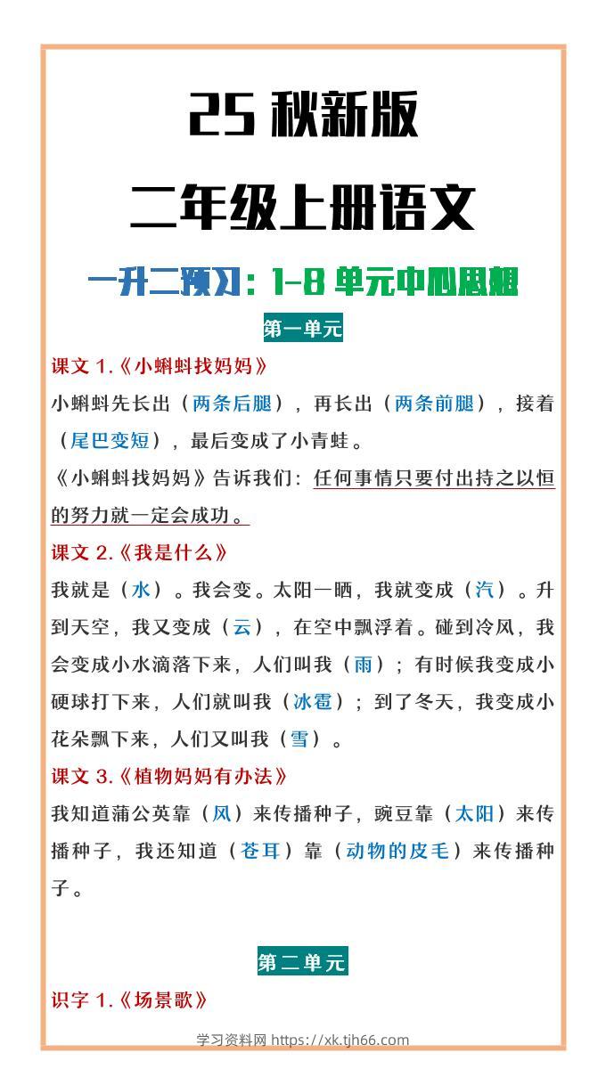 【2025秋新版】二年级上册语文1-8单元中心思想总结-学习资料站