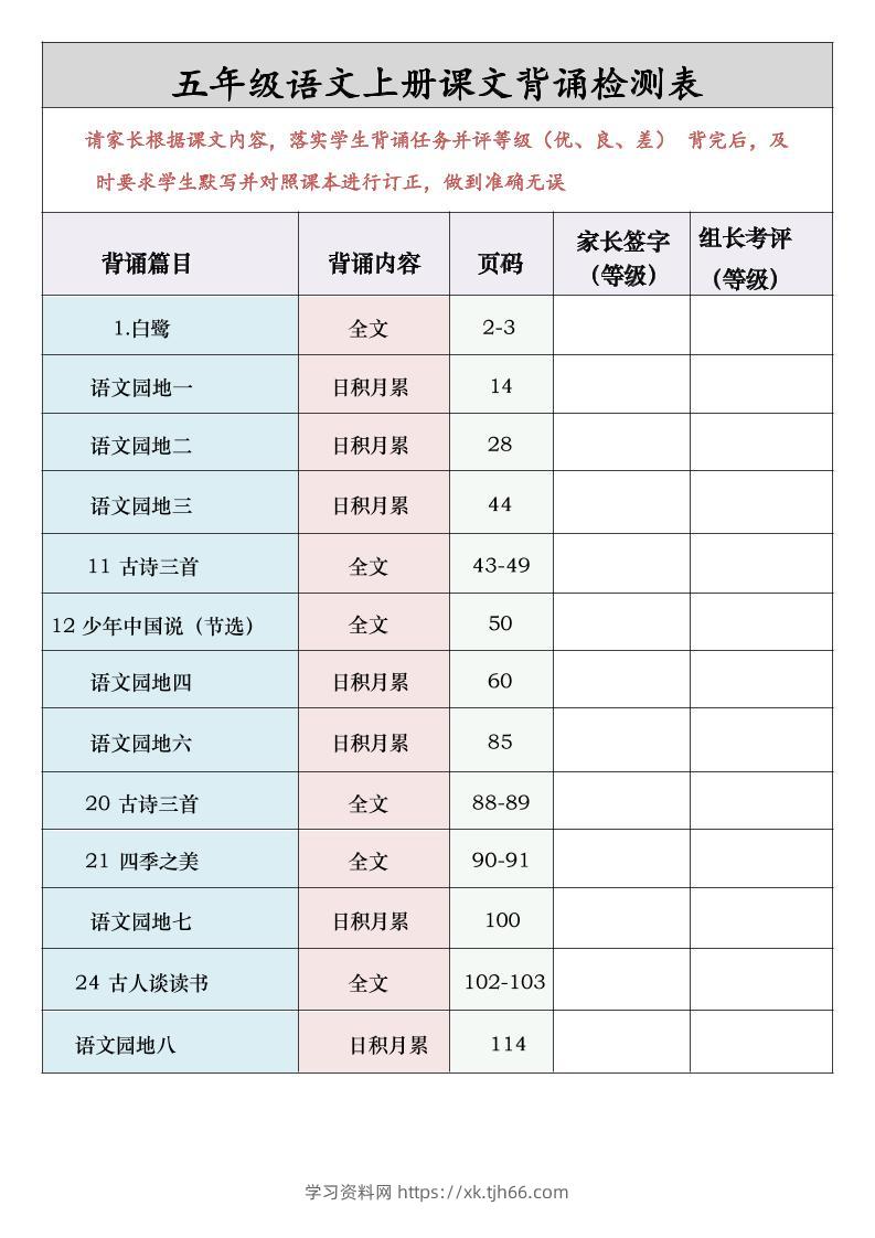 五年级语文上册课文背诵检测表-学习资料站