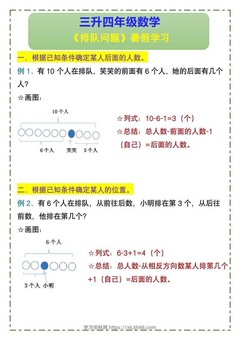 三升四年级数学《排队问题》暑假学习-四上数学-学习资料站