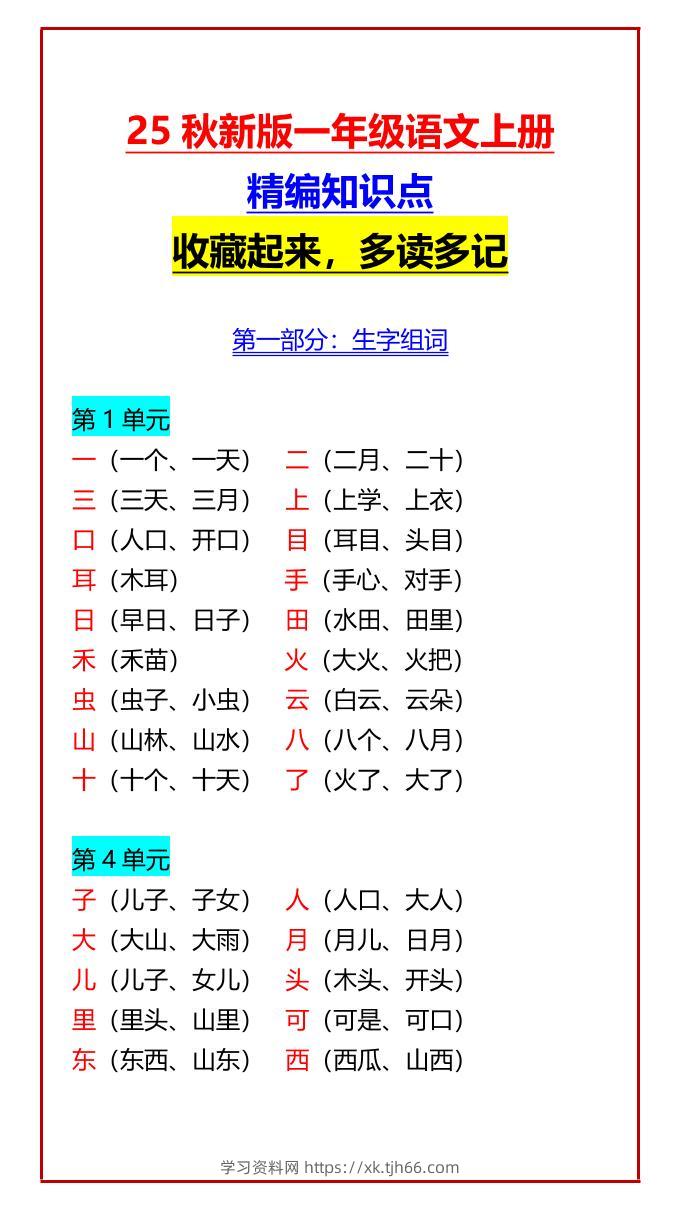 【2025秋新版】一年级语文上册精编知识点收藏起来，多读多记-学习资料站