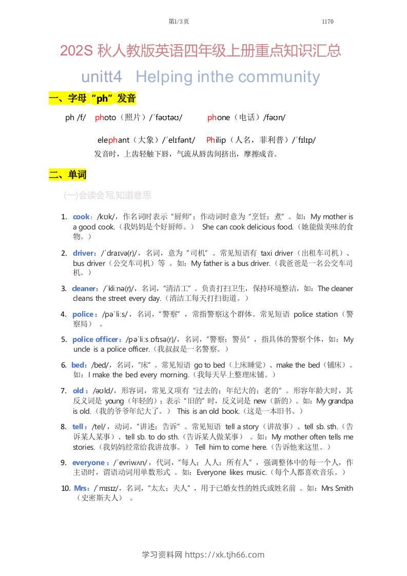 2025秋人教版英语四上Unit4重点知识汇总-学习资料站