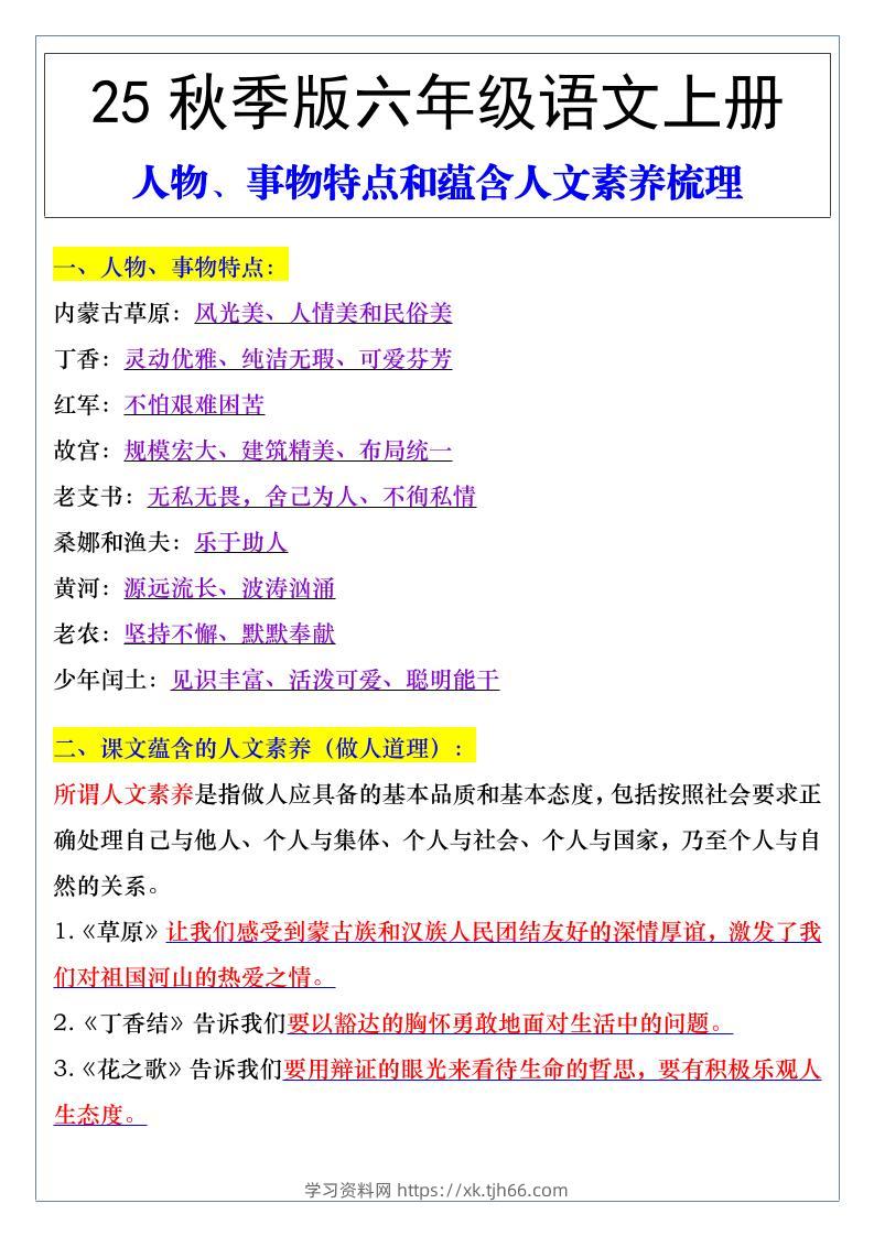 【2025秋新版】六年级语文上册人物、事物特点和蕴含人文素养梳理-学习资料站