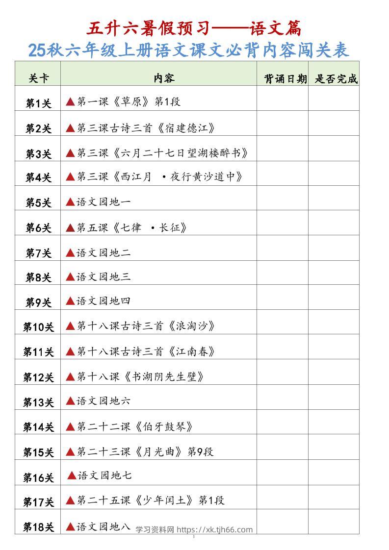 25秋六上语文课文必背内容背诵闯关表7页-学习资料站