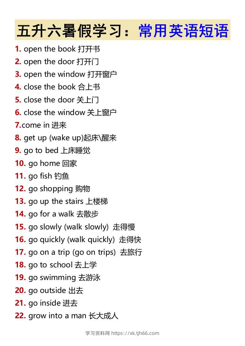 五升六暑假学习：常用英语短语-六上英语-学习资料站