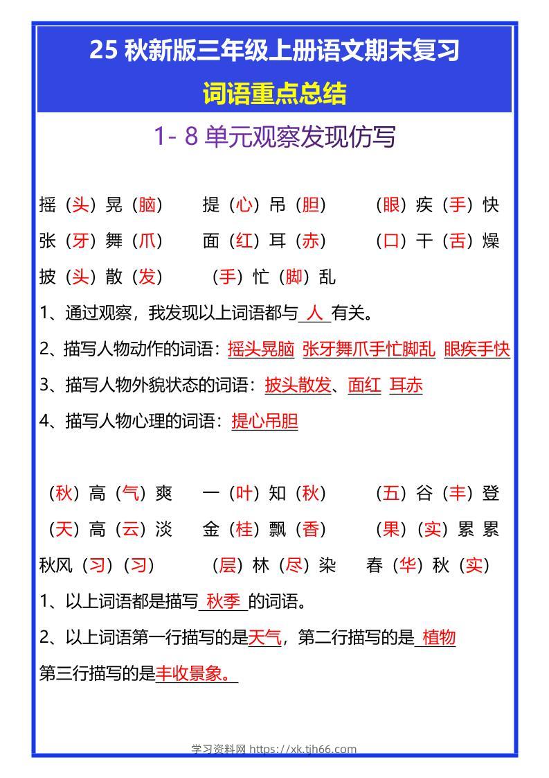【2025秋新版】三年级上册语文期末复习词语重点总结-学习资料站