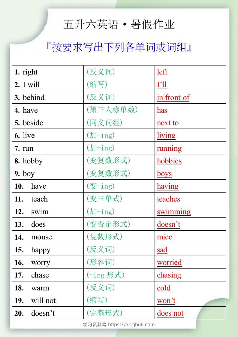 五升六英语暑假作业之按要求写出下列各单词或词组-六上英语-学习资料站