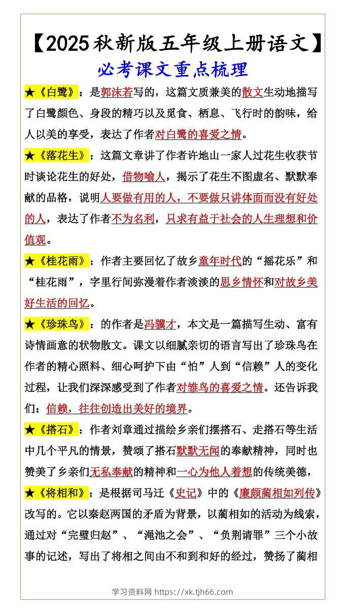 【2025秋新版】【五年级上册语文】必考课文重点梳理-学习资料站