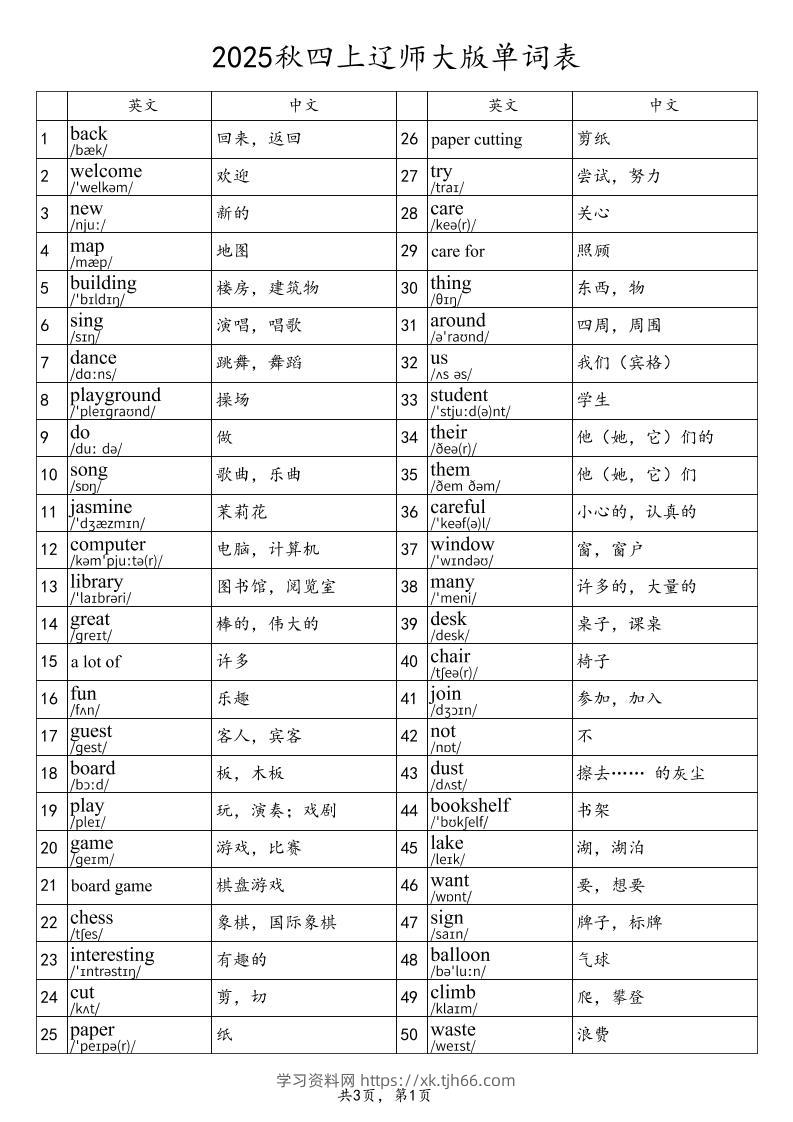 2025秋四上英语辽师大版单词表-学习资料站