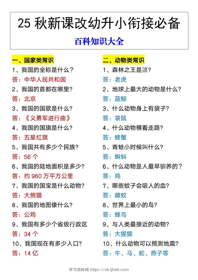 【2025秋新版】幼升小衔接必备百科知识大全-学习资料站