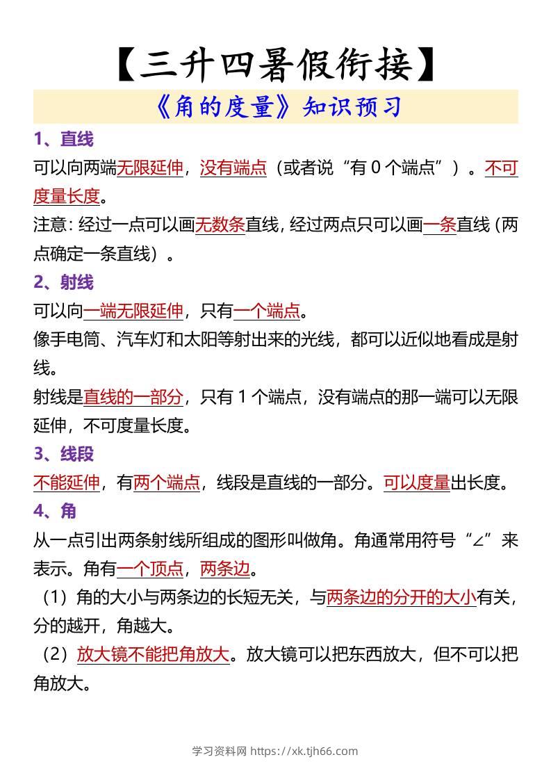 【三升四暑假衔接】《角的度量》知识预习-四上数学-学习资料站