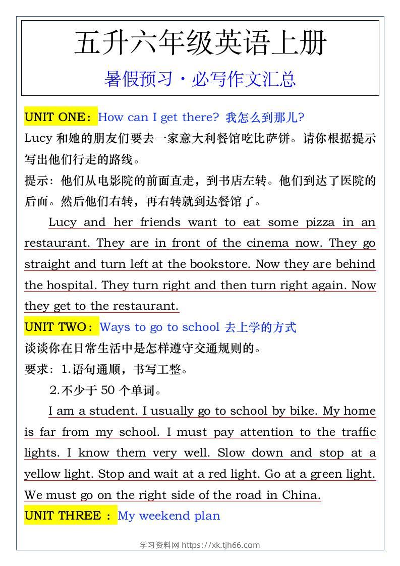五升六年级英语上册暑假预习·必写作文汇总-六上英语-学习资料站