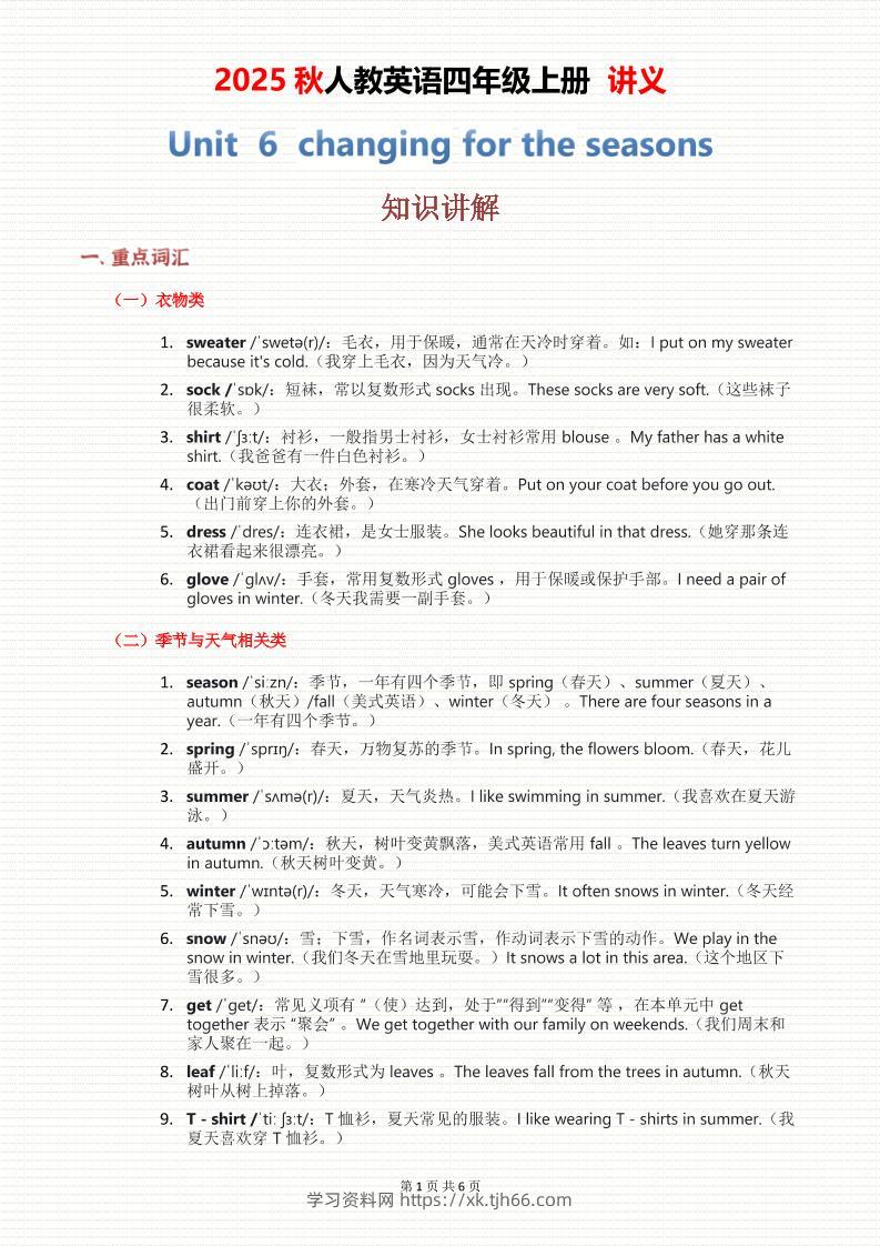 2025秋人教英语四上讲义Unit06-学习资料站