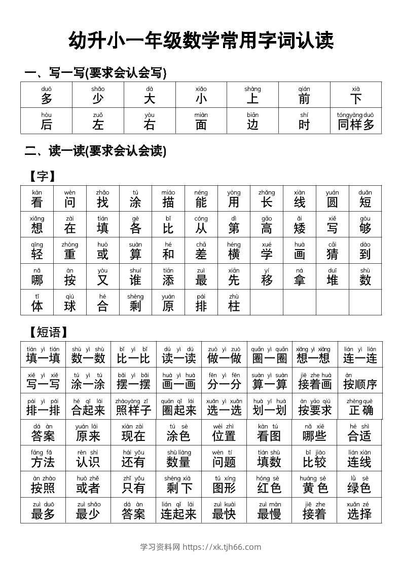 幼小衔接数学常用字词认读-学习资料站