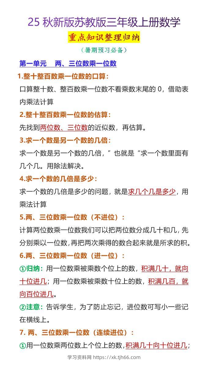 【2025秋新版】苏教版三年级上册数学重点知识整理归纳-学习资料站