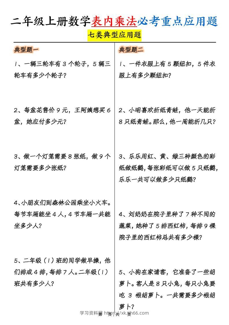 二上数学表内乘法必考重点七类典型应用题（含答案10页）-学习资料站