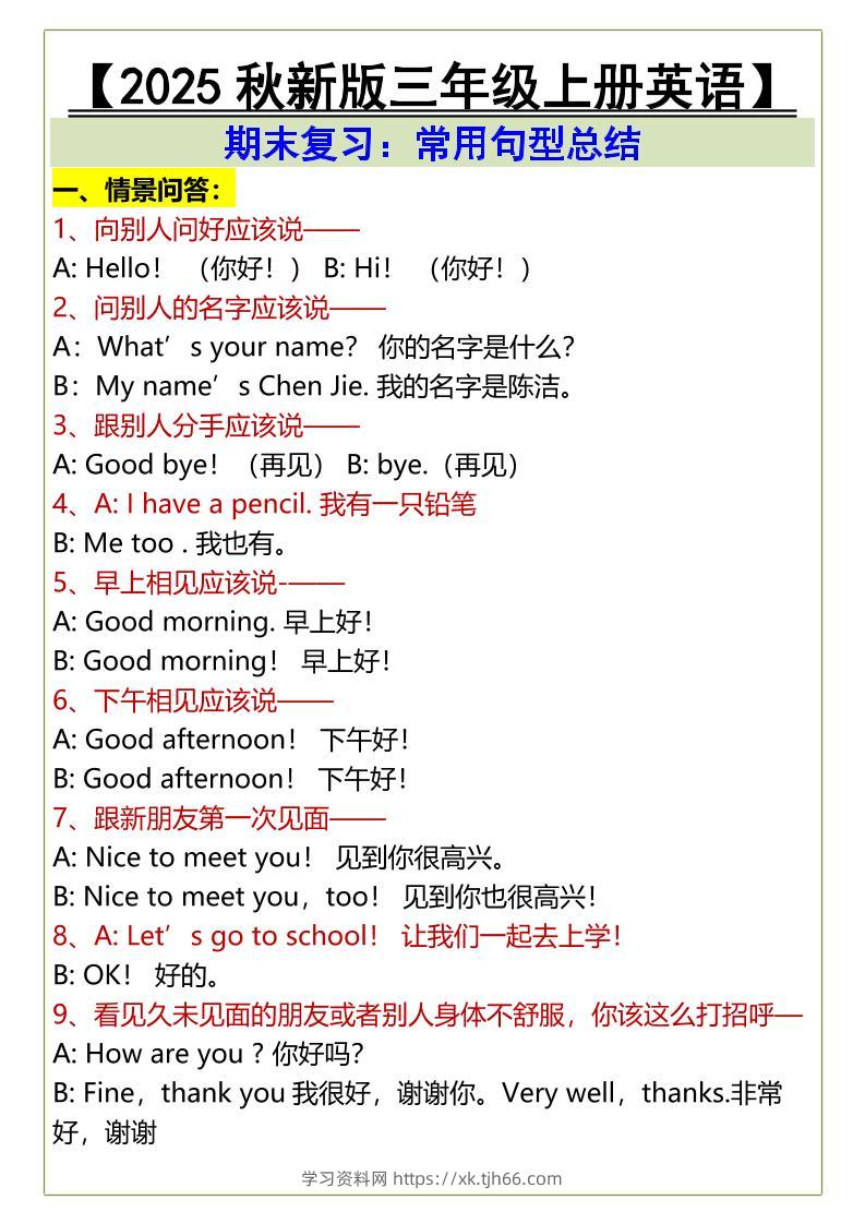 【2025秋新版】三年级上册英语期末复习：常用句型总结-学习资料站