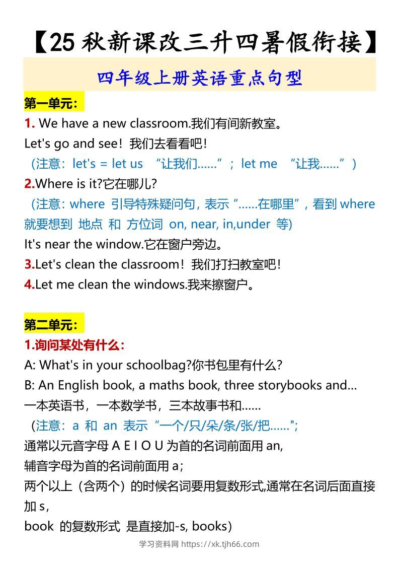 【2025秋新版】四年级上册英语重点句型-学习资料站