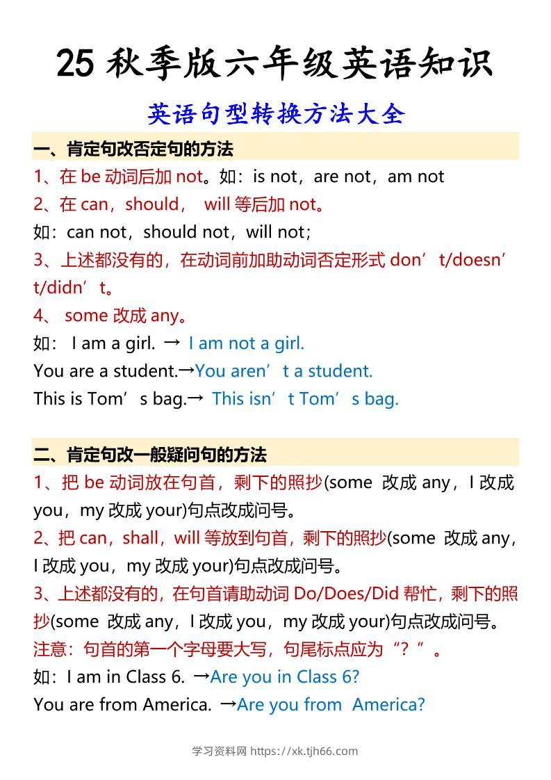 【2025秋新版】六年级上册英语英语句型转换方法大全-学习资料站