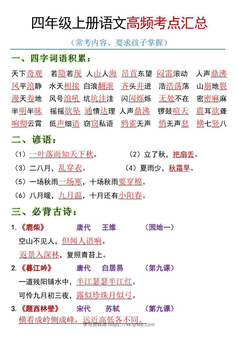全册高频考点归类（节选）】四上语文-学习资料站