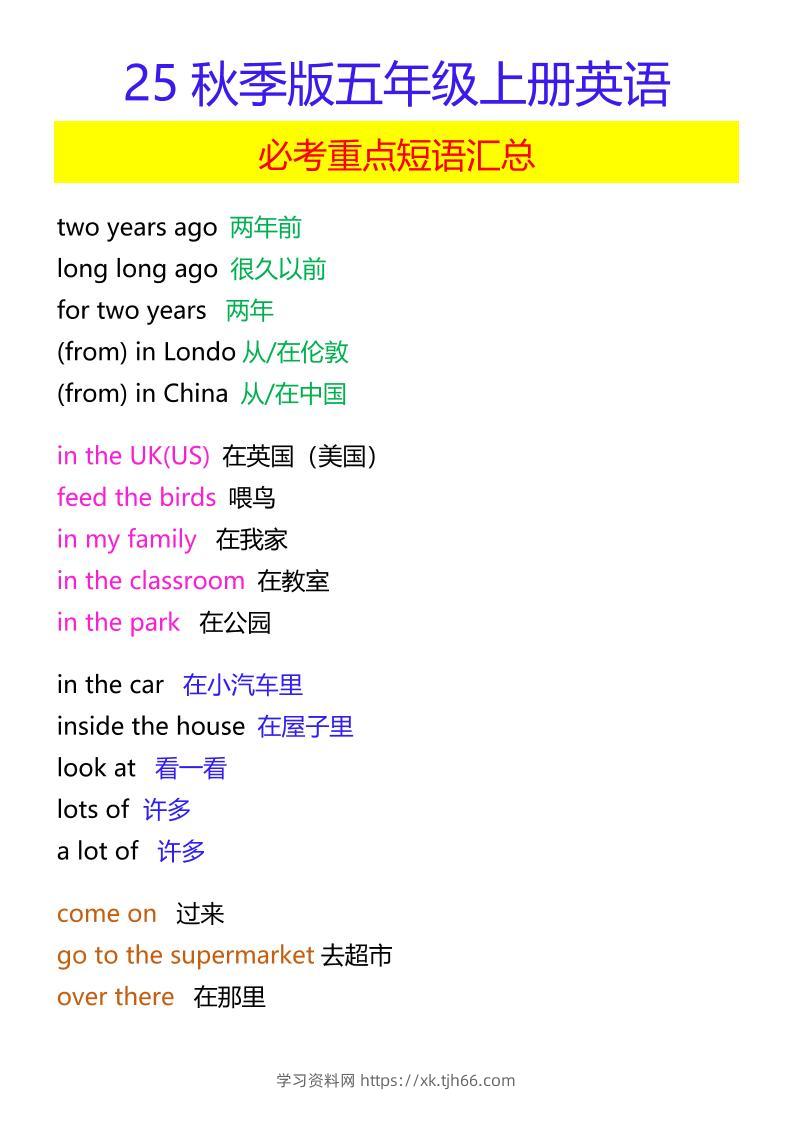 【2025秋新版】五年级上册英语必考重点短语汇总-学习资料站