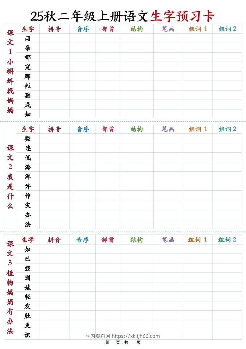 25秋新二上语文生字预习卡（11页）-学习资料站