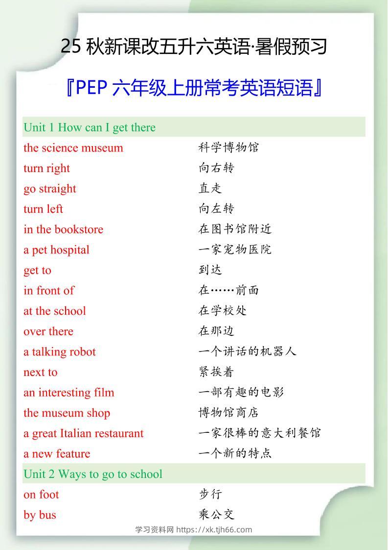 【2025秋新版】六年级上册常考英语短语-学习资料站