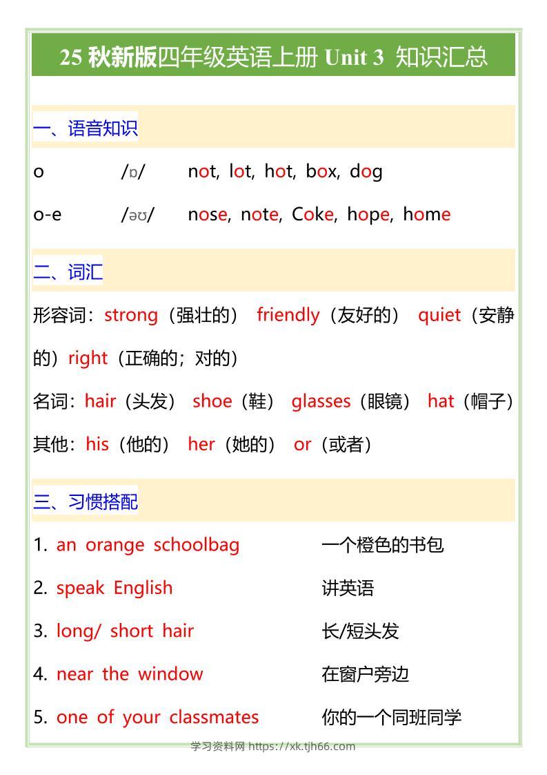 【2025秋新版】PEP版四年级英语上册Unit3知识汇总-学习资料站
