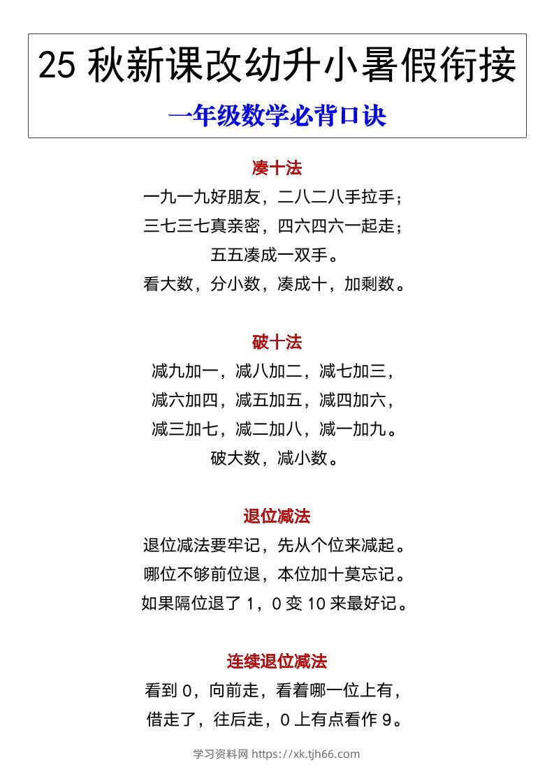 【2025秋新版】幼升小暑假衔接一年级数学必背口诀-一上数学-学习资料站