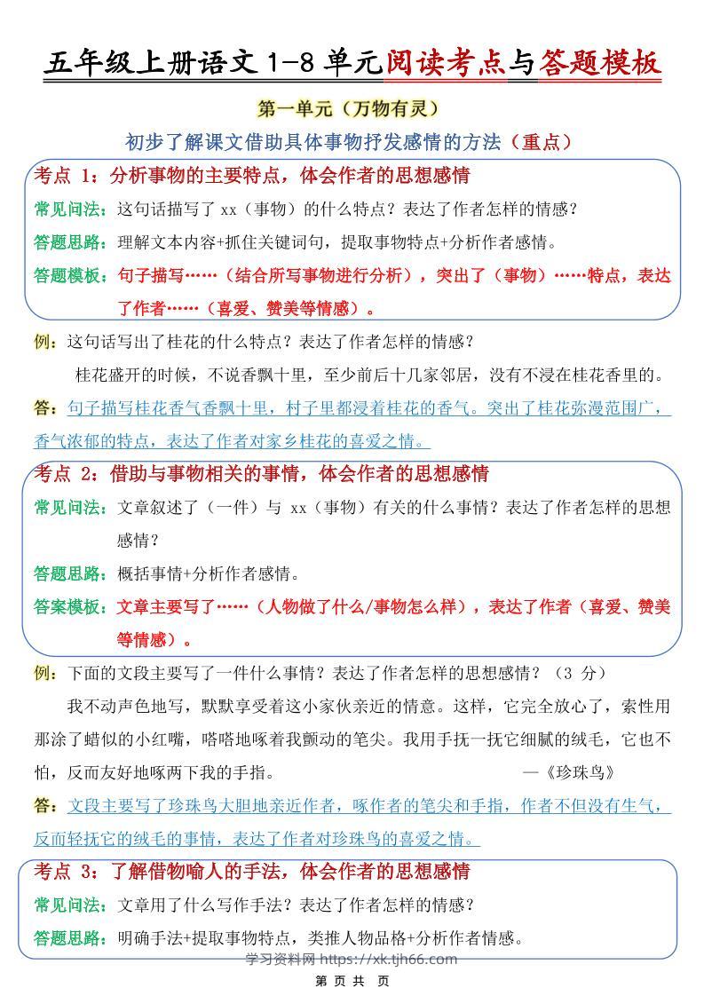 五上语文1-8单元阅读考点与答题模板-学习资料站