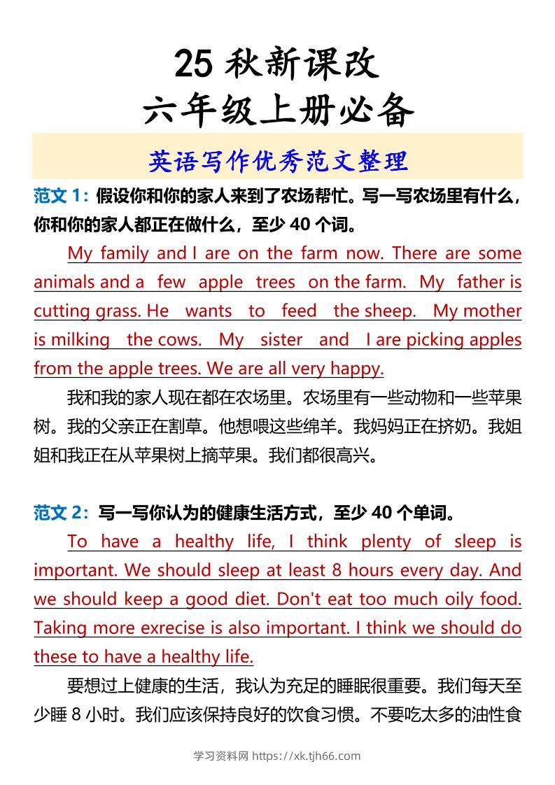 【2025秋新版】六年级上册必备英语写作优秀范文整理-学习资料站