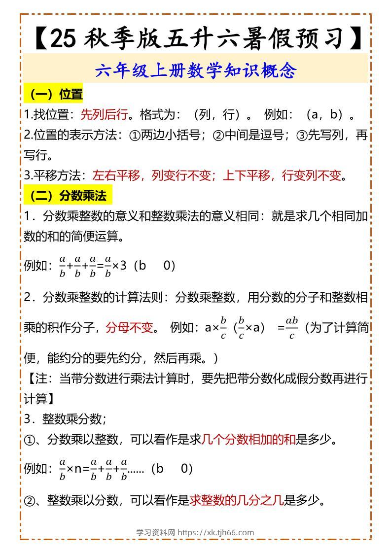 【2025秋新版】【五升六暑假预习】六年级上册数学知识概念-学习资料站