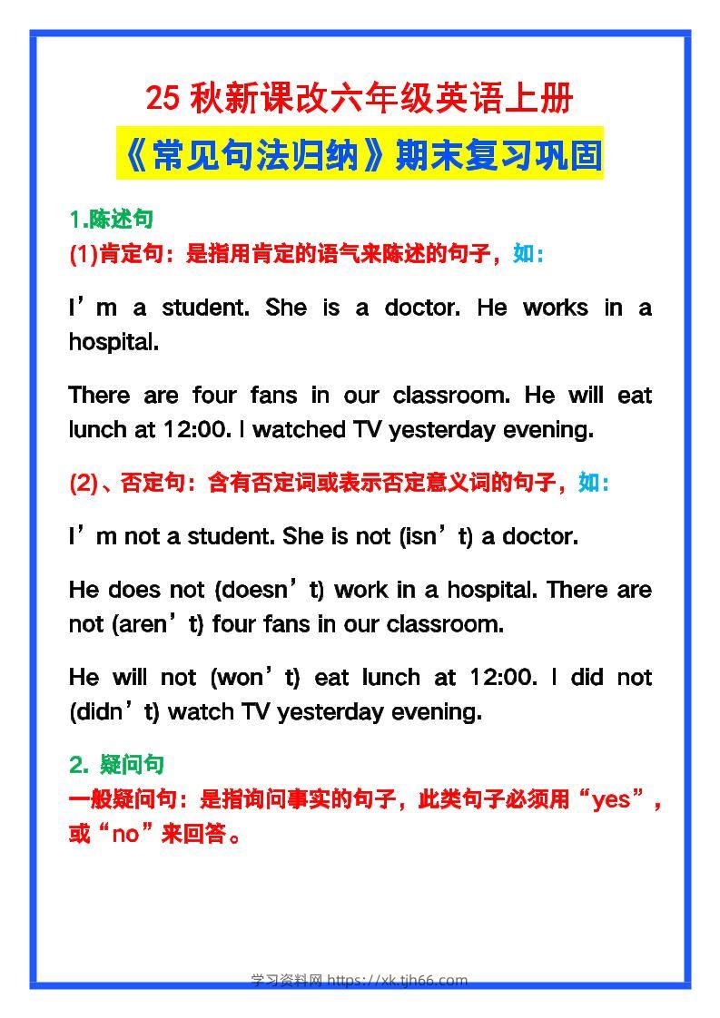【2025秋新版】六年级英语上册《常见句法归纳》，期末复习！-学习资料站