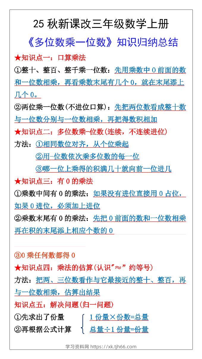 【2025秋新版】三年级数学上册多位数乘一位数知识总结归纳-学习资料站