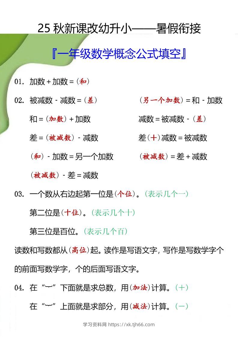 【2025秋新版】一年级数学概念公式填空-一上数学-学习资料站