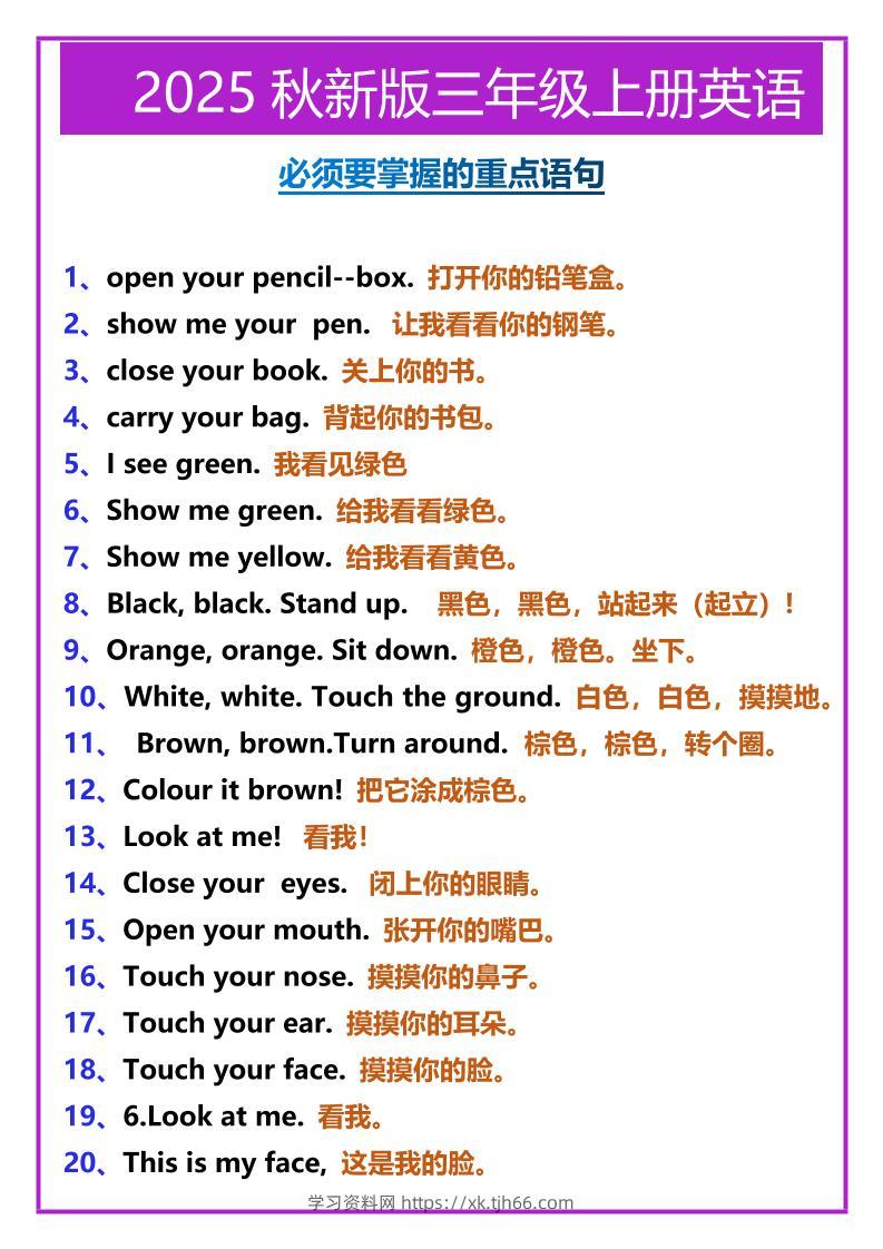 【2025秋新版】三年级上册英语必须要掌握的重点语句-学习资料站