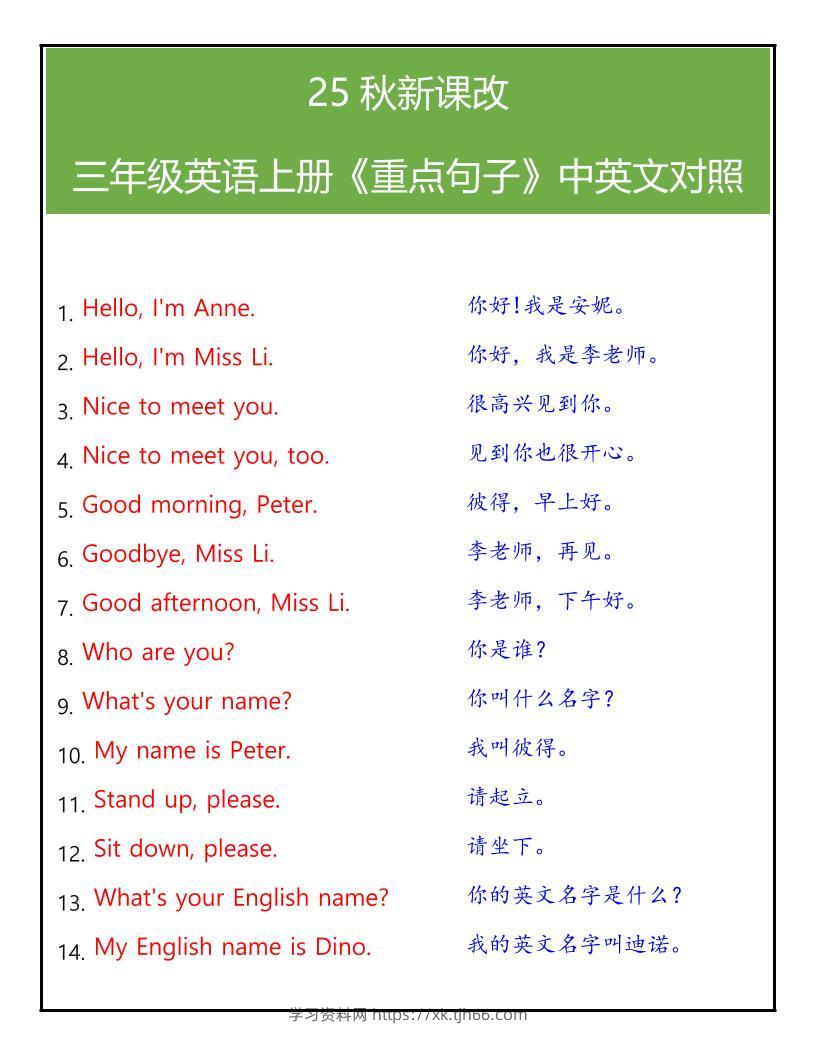 【2025秋新版】三年级英语上册《重点句子》中英文对照-学习资料站