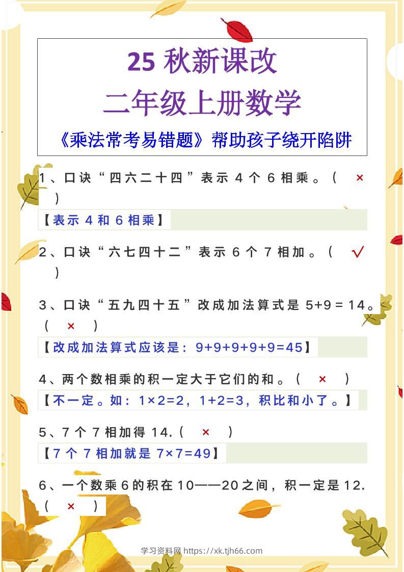 【2025秋新版】二年级上册数学《乘法常考易错题》-学习资料站
