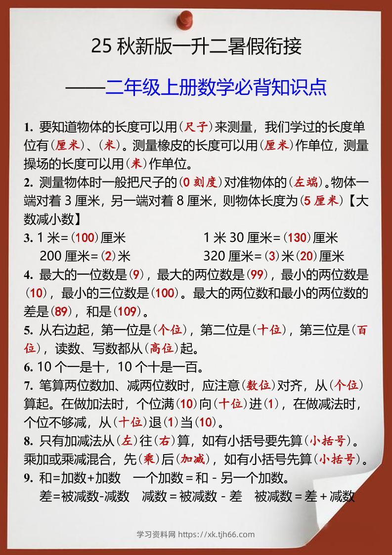 【2025秋新版】一升二年级上册数学必背知识点-学习资料站