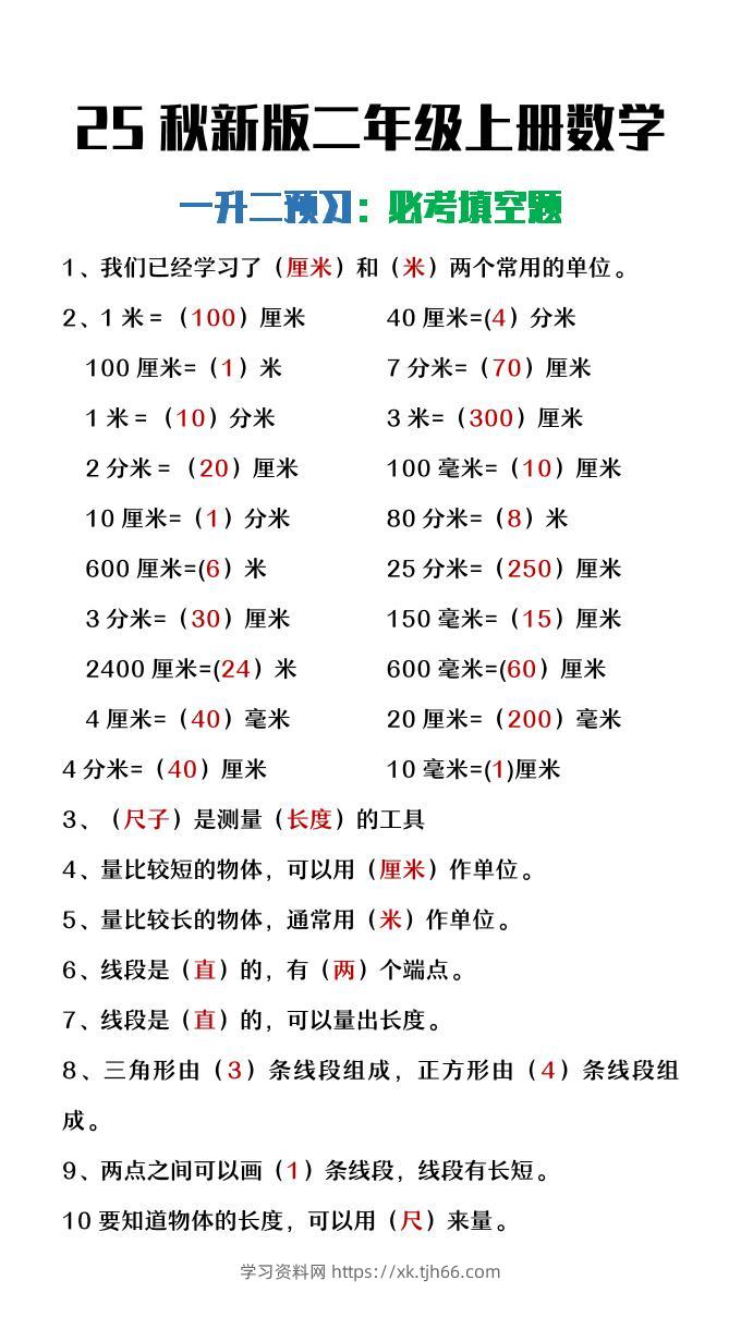 【2025秋新版】二年级上册数学暑假预习必做《重点填空题》-学习资料站