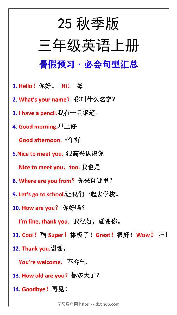 【2025秋新版】三年级英语上册暑假预习必会句型汇总-学习资料站