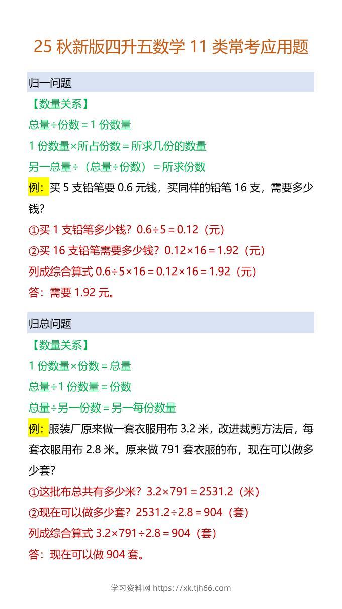 【2025秋新版】四升五数学11类常考应用题-五上数学-学习资料站