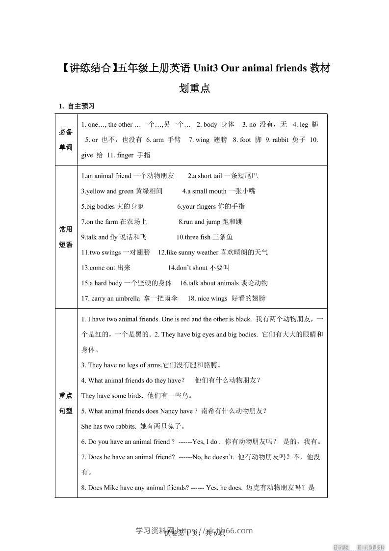 【单元热点难点】译林版（三起）英语五年级上册Unit3Ouranimalfriends教材划重点-学习资料站