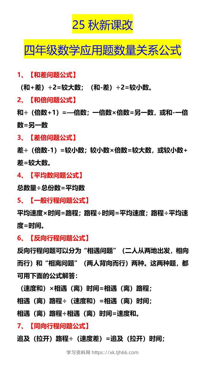 【2025秋新版】四年级数学应用题数量关系公式-四上数学-学习资料站